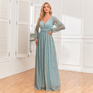 V-Neck Evening Dress Wedding Party Sequins Dresses green new
