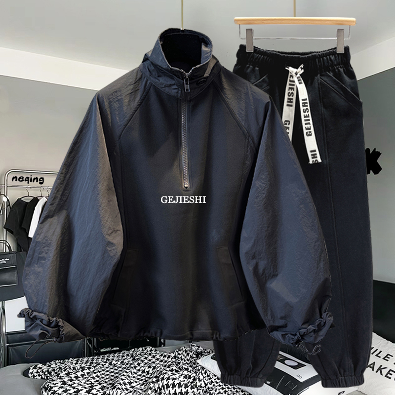 半拉链立领卫衣套装男春秋季韩版潮流青少年宽松休闲运动服一整套