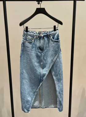 颖儿同款PEACH IRO2026新款法式斜片高开衩a字水洗牛仔半身裙