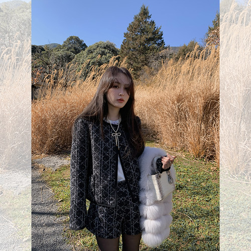 巴黎星夜 奢感千金香风套装 重工细支棉大肚纱粗纺格纹外套/短裤