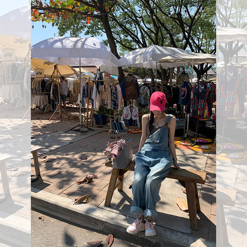 YUMOMOSTAR衬衫格纹做旧背带裤