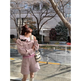 原创自制 伊妮德小姐 重工进口澳毛花纱粗纺 手工羽毛领外套/短裤