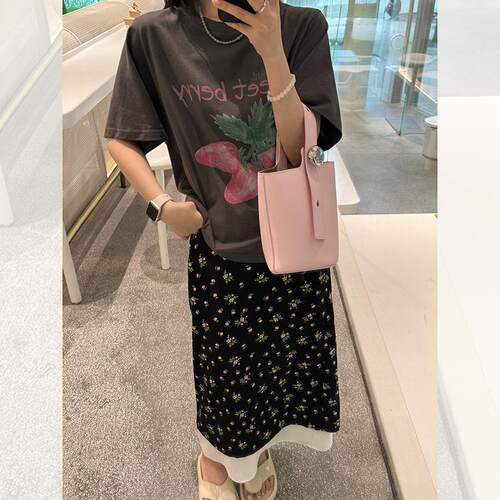 少女通勤 复古碎花撞色开叉半身裙/A摆半身裙 QQ241028/QQ242041