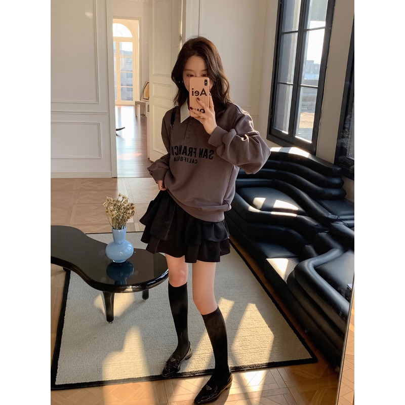 Rose同款 特殊处理假两件撞色领抓绒卫衣/光泽缎面吊带蛋糕连衣裙