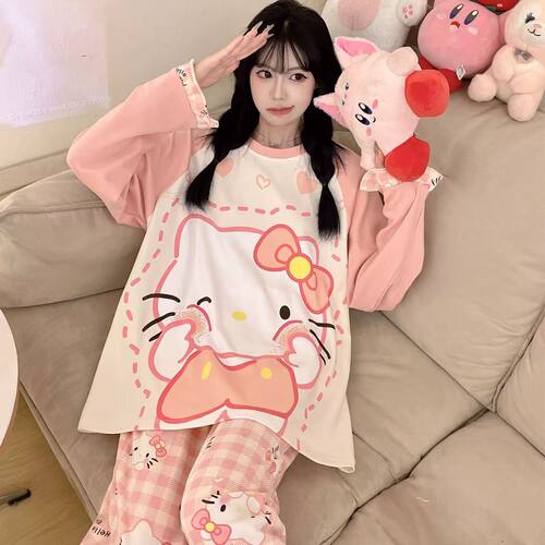 睡衣女士长袖卡通春秋款大码少女薄款HelloKit可爱学生家居服套装