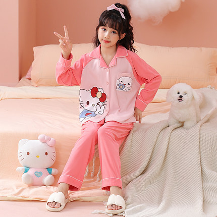 儿童家居服秋冬季保暖睡衣翻领德绒套装加厚男女生卡通HelloKitty