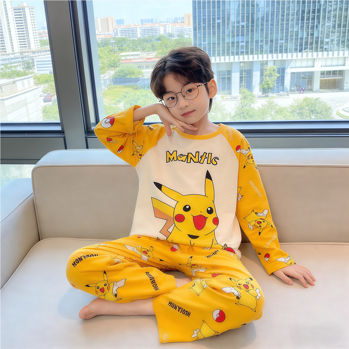 儿童睡衣春秋夏天家居服套装薄款男女小孩中大童可爱宝可梦皮卡丘