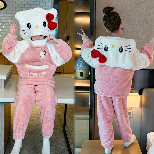 儿童睡衣冬季家居服套装连帽小孩男女保暖加厚法兰绒可爱HelloKit