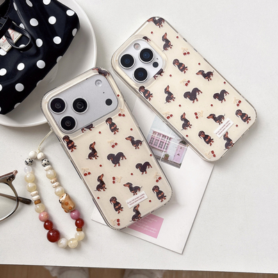 ins卡通樱桃腊肠狗带链条适用苹果17promax手机壳日韩iPhone16新款15防摔14pro女款13双层壳手机套硬壳