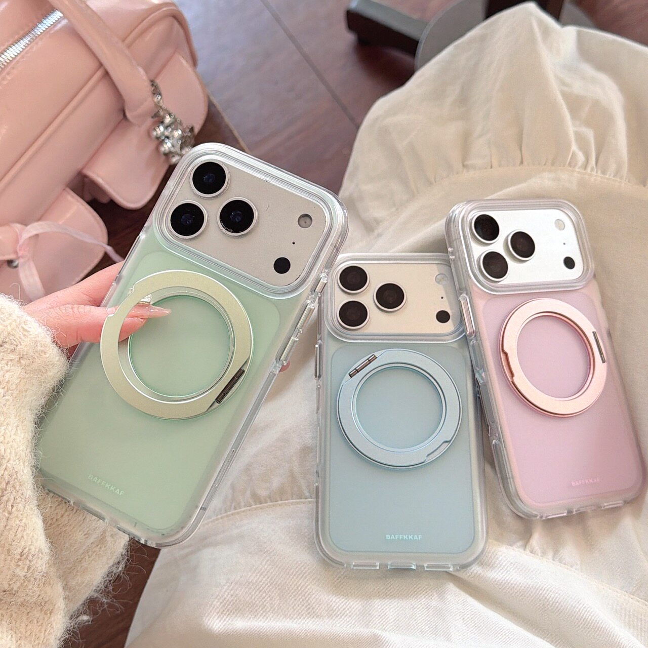 360旋转一体支点壳适用苹果17promax手机壳iphone16pro韩风简约半透绿色15磨砂双层17pm新款全包防摔保护套女