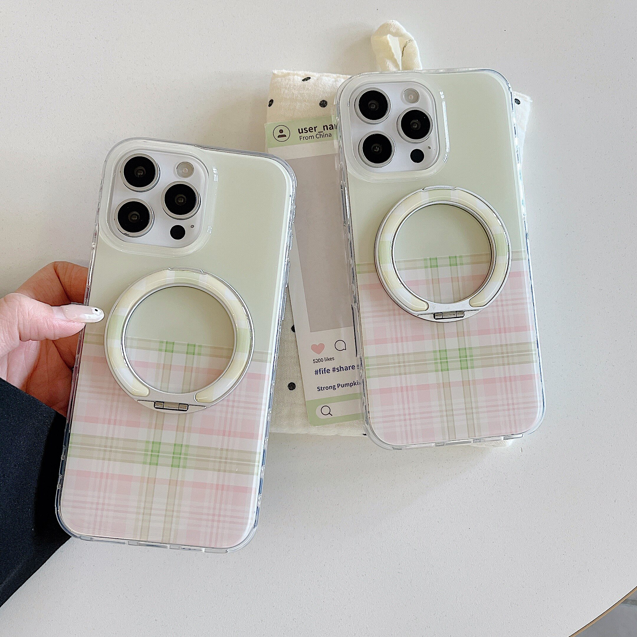 韩系ins粉绿撞色格纹支架壳适用苹果16promax手机壳iphone17新款15小众14pro全包13pro硅胶防摔外壳女