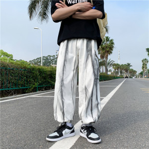   夏季新款泼墨拖地裤男宽松直筒阔腿工装长裤子图片