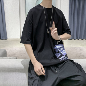 T107  短句 夏季新款潮流印花短袖男宽松帅气半袖打底衫图片