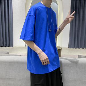 T101  夏季新款糖果色短袖T恤男宽松百搭休闲体恤 蓝色图片