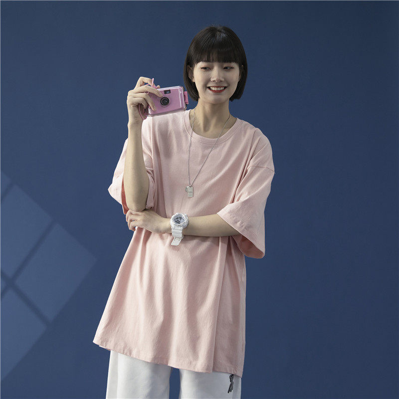 T100-P15夏季新款纯色圆领短袖T恤男女薄款宽松半袖上衣粉色,男装T恤,电商B369（原A024）