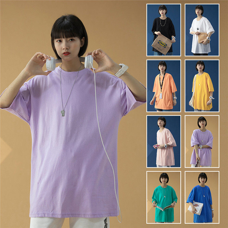 T100   夏季纯色短袖T恤男女新款圆领潮流半袖打底衫 紫色图片