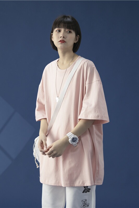 T100-P15夏季新款纯色圆领短袖T恤男女薄款宽松半袖上衣粉色,男装T恤,电商B369（原A024）