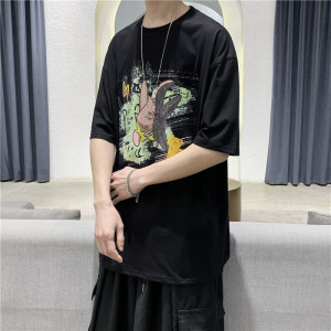 T112短句夏季男士宽松潮流半袖T恤青春流行印花圆领短袖