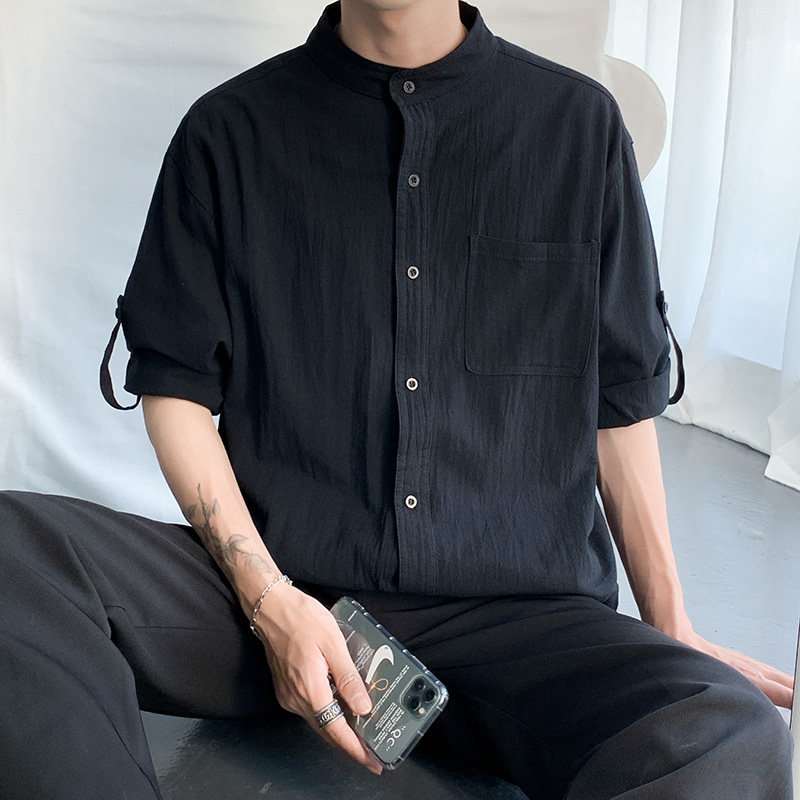CS06夏季立领七分袖衬衫男港风宽松休闲亚麻半袖衬衣,男装衬衫,电商B369（原A024）