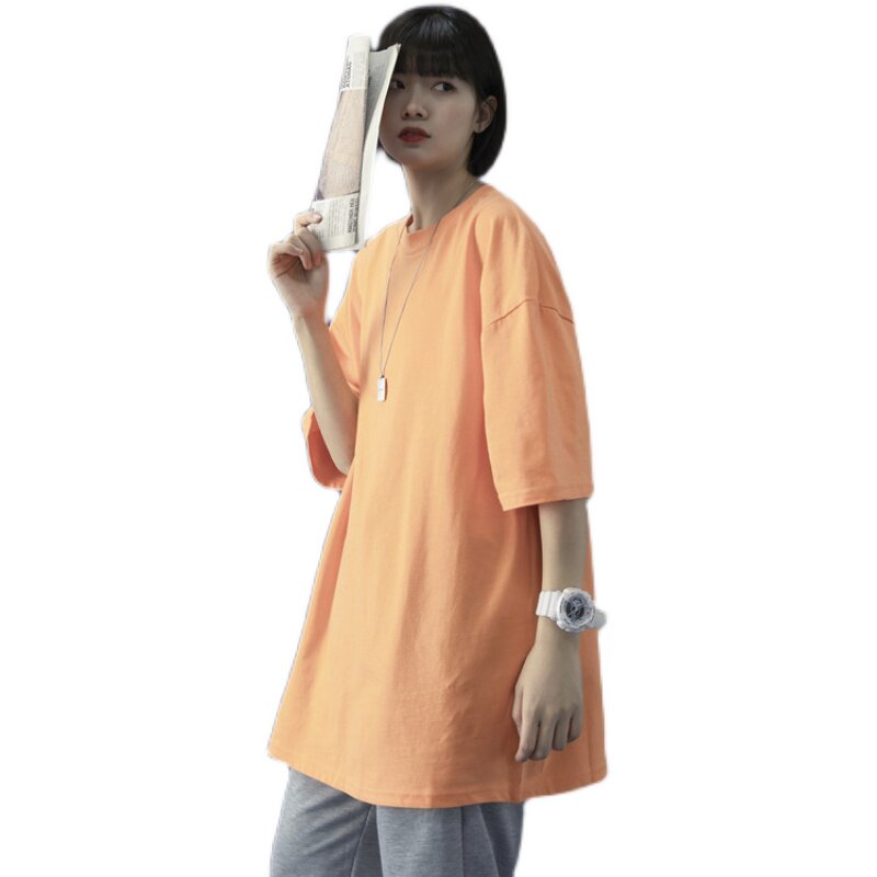T100-P15夏季新款宽松百搭纯色圆领短袖T恤男女休闲上衣桔色,男装T恤,电商B369（原A024）