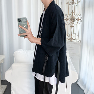 CS11    夏季大码宽松短袖道袍男休闲七分袖亚麻和服衬衫图片
