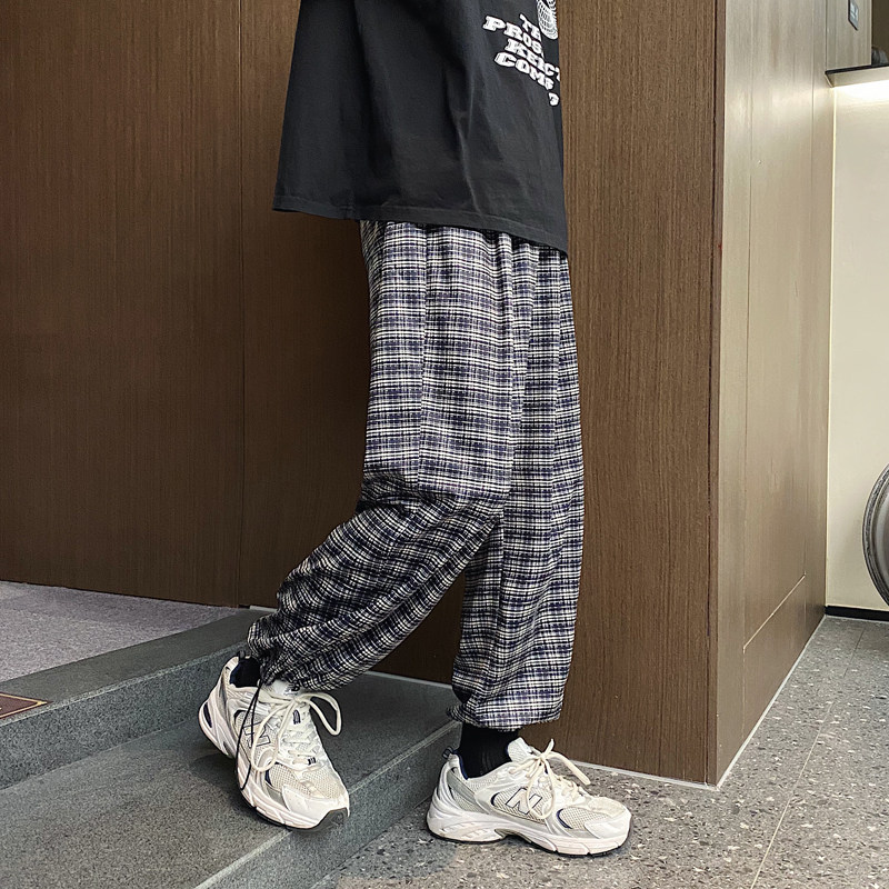 2021春款ins百搭格子休闲裤男士宽松九分抽绳束脚裤子,男装休闲裤,电商B369（原A024）
