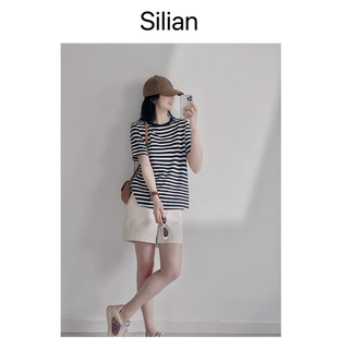 Silian｜莫代尔棉｜后开衩｜拼接条纹海魂衫 Tee恤 ｜显瘦休闲短袖