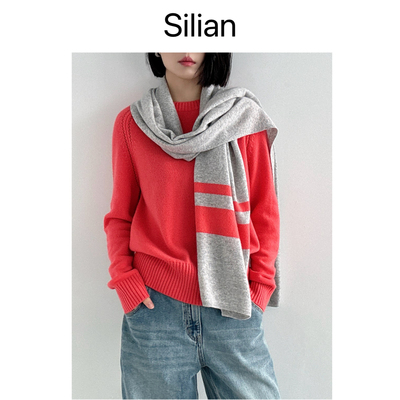 Silian｜奢华山羊绒｜美人肩基本款圆领｜套头毛衣+造型双色围巾