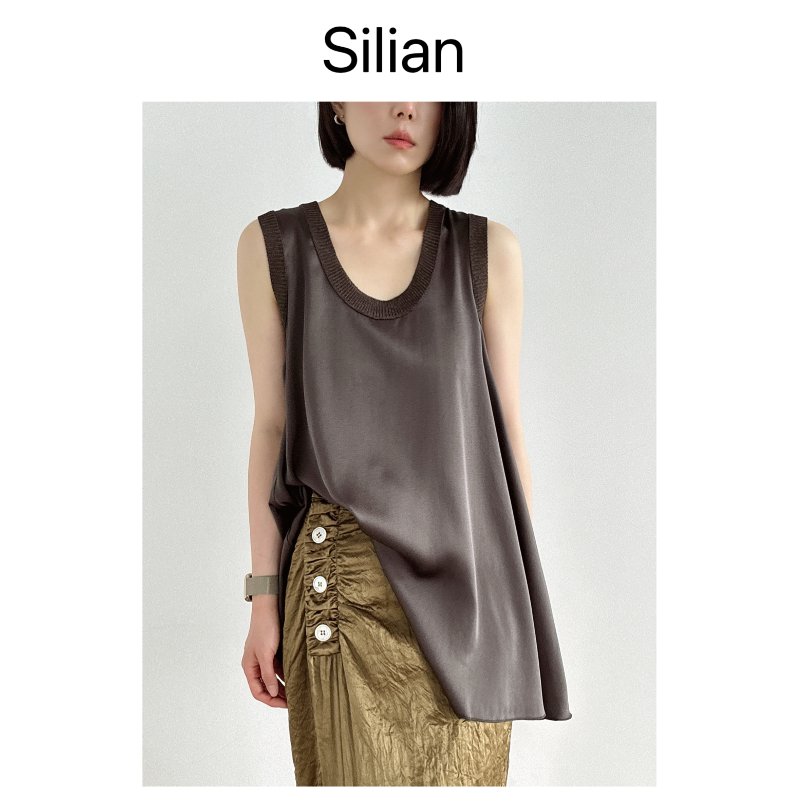 Silian｜大U领ROW风无袖真丝Tee｜桑蚕丝时装背心｜真丝宽松T恤衫
