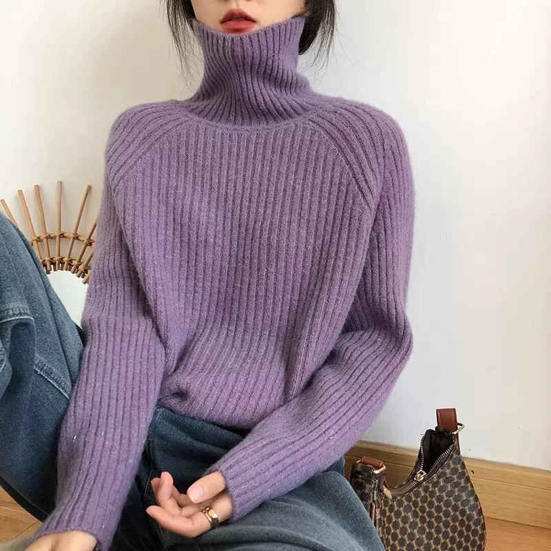 高领针织加厚竖条宽松显瘦百搭毛衣慵懒温柔系纯色软糯打底保暖女