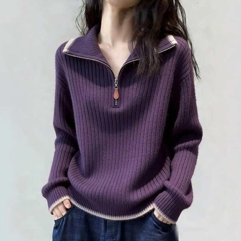 高级感紫色半拉链高领针织衫女秋冬季独特超好看毛衣宽松翻领上衣