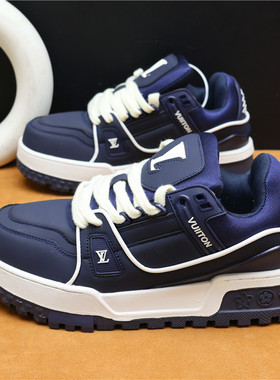 欧美站网红轻奢潮牌男鞋深蓝色低帮休闲板鞋厚底增高百搭面包鞋男