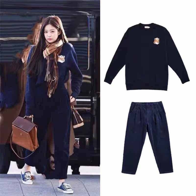jennie金智妮同款上衣韩版宽松狐狸刺绣藏蓝色圆领套头卫衣女秋冬