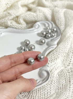 925银针新款灰色珍珠耳钉女小众设计感奶奶灰冷淡风气质耳环耳饰