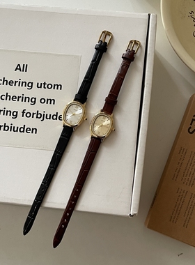 IEKE椭圆形小众复古黑色皮带小表盘女士石英手表韩版简约气质百搭