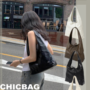 韩国dp法式 绑带牛皮帆布百搭手提单肩包女 大容量购物袋hobo包时尚