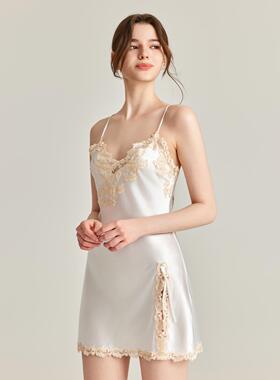 2025春季新款真丝吊带睡衣女短款白色蕾丝刺绣桑蚕丝睡裙家居服夏