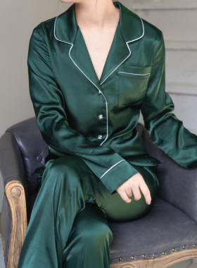 25春秋silk母贝扣水晶珍珠知性祖母绿长袖长裤V领套装女士居家服
