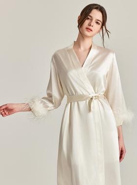 春夏高级感真丝性感睡袍女鸵鸟毛长袖白色桑蚕丝新娘晨袍高端礼物