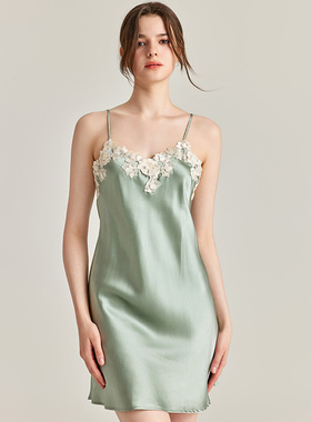 夏季LP性感吊带重磅真丝睡衣女100%桑蚕丝睡裙绿色蕾丝显瘦家居服