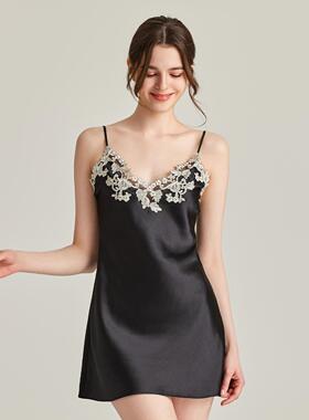 2025春夏新款刺绣性感100%桑蚕丝睡衣女短款镂空内搭吊带真丝睡裙