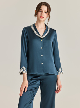 25新款LP真丝睡衣女套装22姆米绿色桑蚕丝高级蕾丝花边家居服春秋