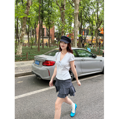 WANNANKE  菲林假日 甜美少女感高腰花边格纹半身裙短裙