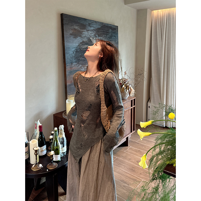 WANNANKE 慵懒调性 破洞镂空不规则设计感长袖针织衫