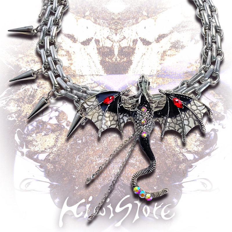 Y2K 중공업 검정과 빨강 가시 플라잉 드래곤 목걸이 초커 뜨거운 소녀 하위 문화 달콤한 멋진 펑크 고스 유럽과 미국의 틈새 시장
