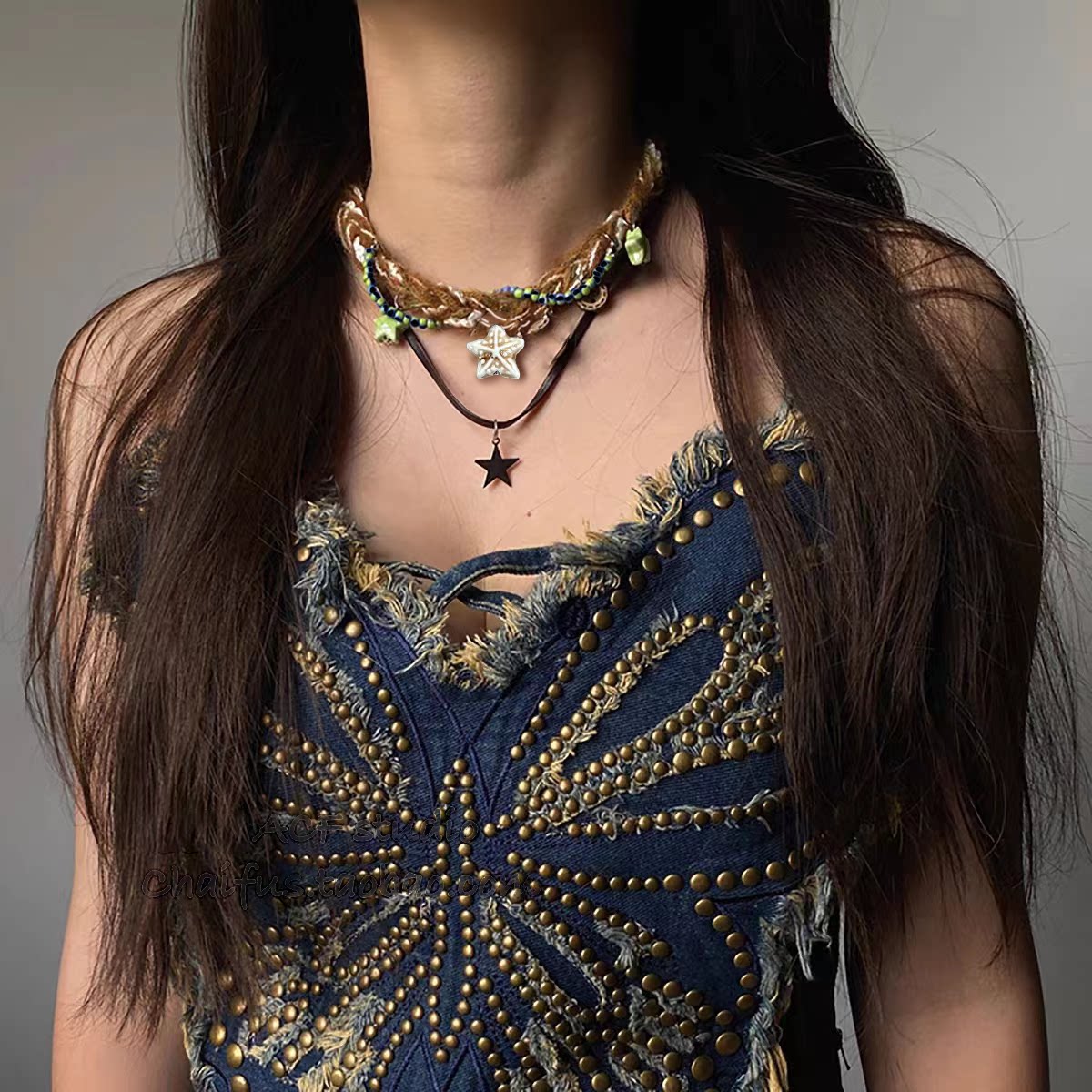 Y2K 히피 황무지 스타일 버튼 플러시 초커 목걸이 스태킹 하위 문화 달콤한 쿨 핫 소녀 방황 부족 트렌드