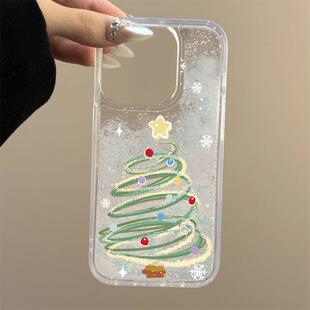 圣诞手机壳新款高级透明雪花流沙适用苹果16plus/iPhone15promax/14氛围感13小众12mini巨好看11/xr/7圣诞树