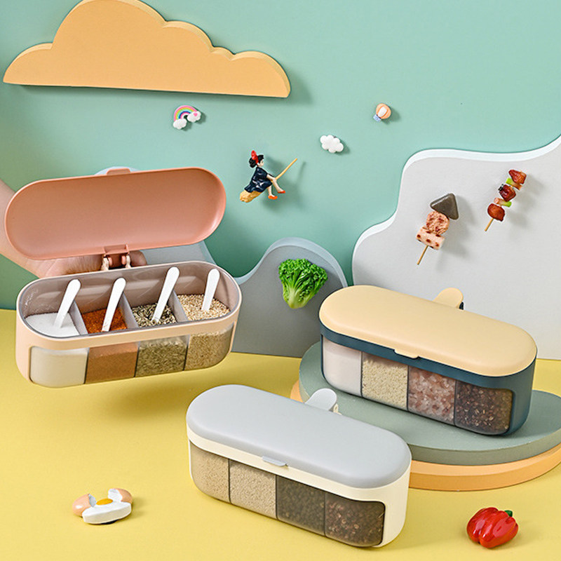家用糖味精佐料盒子有盖调料盒塑料调味盒厨房调味品四格带盖调料