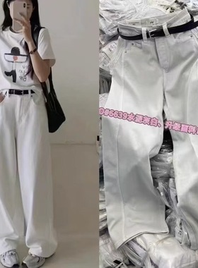 JEANS6639-3水泥灰白窄版阔腿牛仔裤女秋冬植绒底百搭直筒MV.AOAO