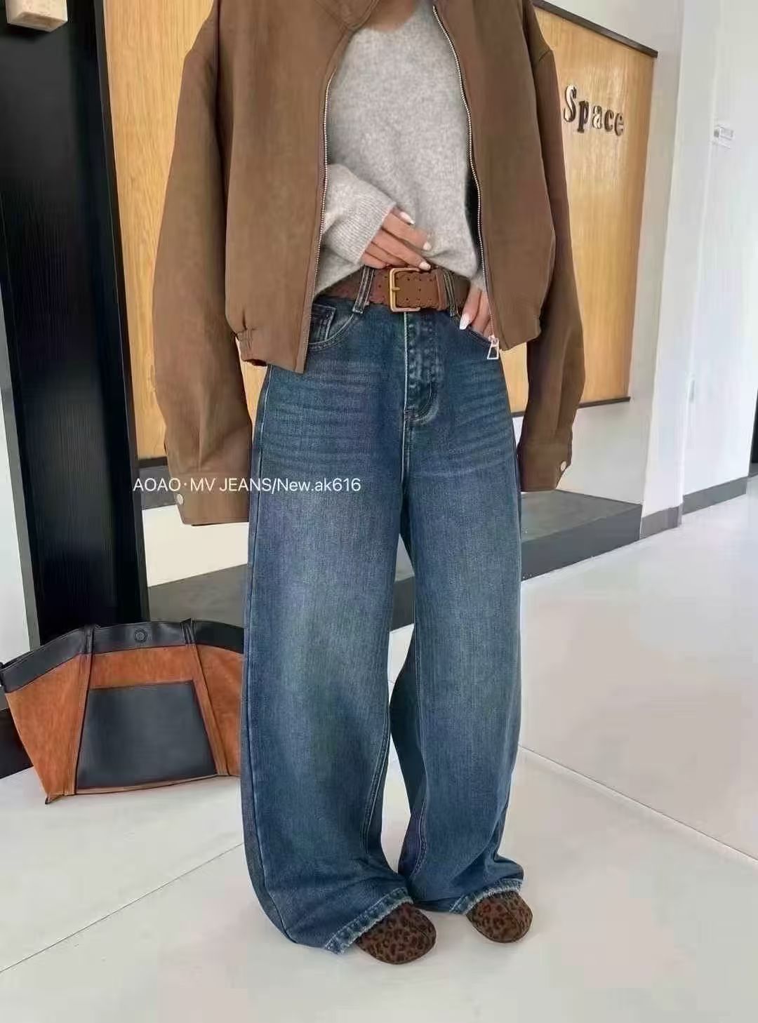 JEANS616-76厚绒窄版阔腿牛仔裤女冬百搭显瘦休闲直筒长裤MV.AOAO